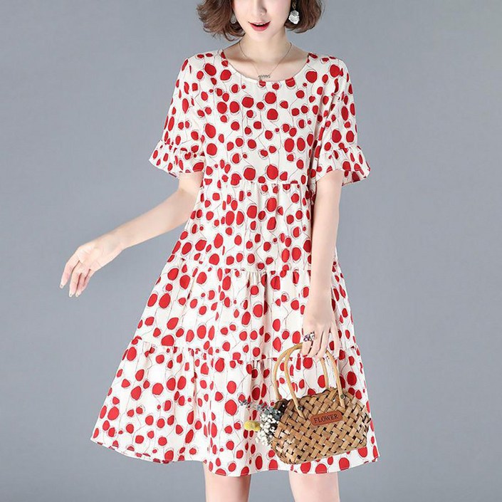 지고다그 여성 여름 반소매 라운드넥 도트 프린트 플레어 루즈핏 가벼운 원피스 데일리 코디 YUA0473