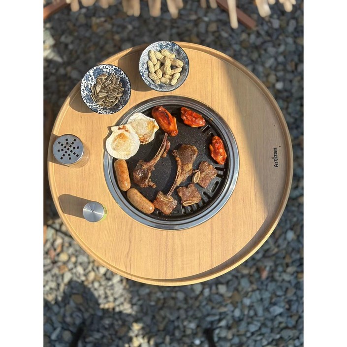 야외 다용도 접이식 테이블 바비큐 원형 원목무늬 스테인리스 61cm54cm, 원목무늬