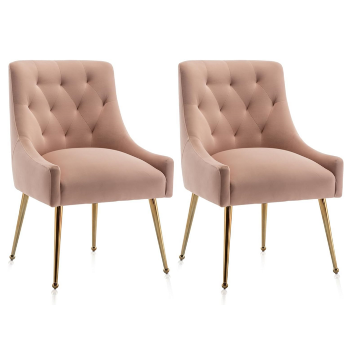 현대적인 벨벳 식탁 의자 골드 다리 디자인, 우아한 버튼 장식 포인트 체어, 거실 대기실 서재용, 핑크, 2개