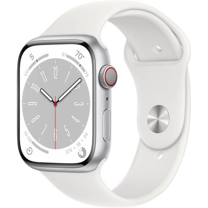 Apple Watch 시리즈 8 GPS 셀룰러, 45mm  흰색 스포츠 밴드가 있는 실버 알루미늄 케이스, ML 리퍼