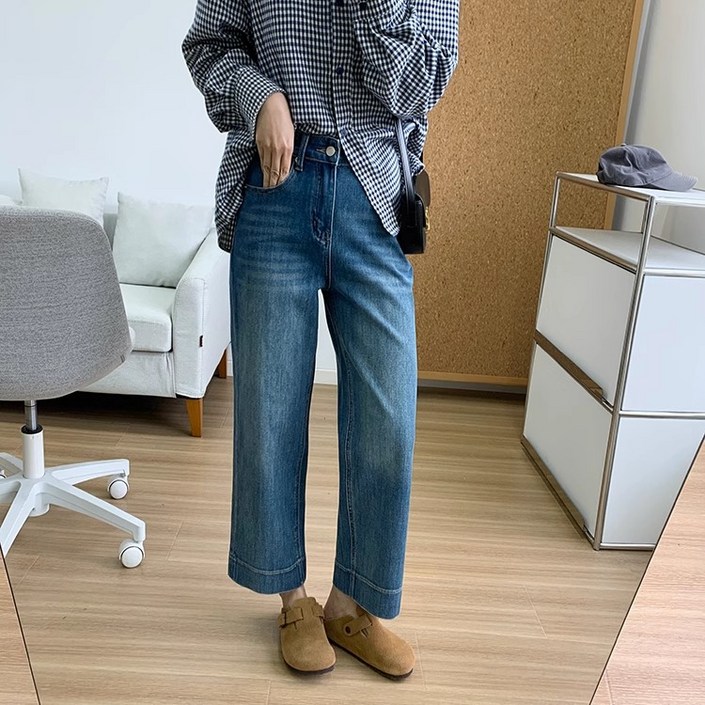 ANYOU  여성 스트레치 일자 진 하이웨이스트 빅사이즈 와이드핏 슬림핏 9부 바지 편안한 코튼 원단