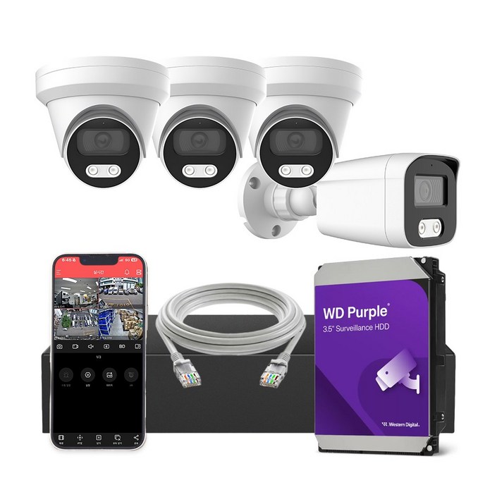 하드 1TB 포함 HNTek 800만화소 IP CCTV 세트 4채널 NVR  실내실외 PoE 카메라  UTP케이블 20M, 1세트, 실내 3대외부 1대