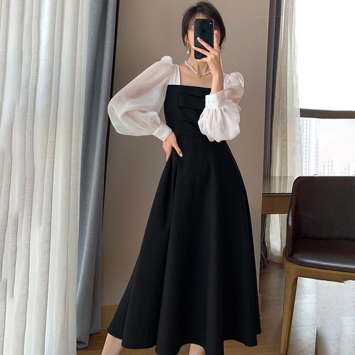 ZIGODAG  여성용 우아한 블랙 오간자 A라인 드레스  시크한 긴 소매와 프렌치 스타일의 스퀘어 넥라인 빈티지 메쉬 디테일 봄  가을 행사에 완벽함 WYYYYBD72846