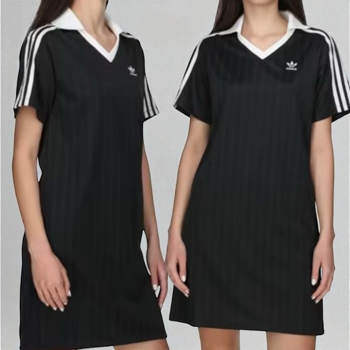 국내매장판 아디다스 여자 삼선 반팔 원피스 여름 브이넥