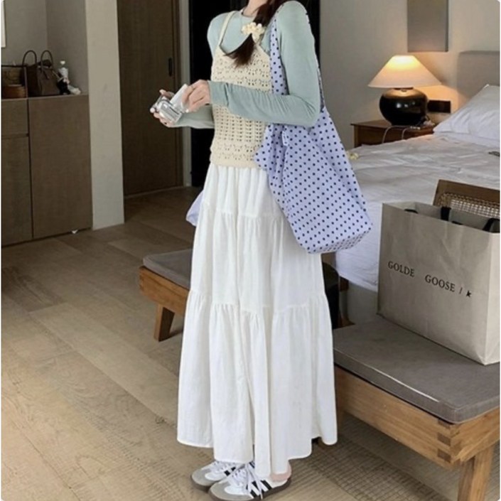 로엔나 여성용 밴딩 A라인 주름 루즈핏 롱스커트