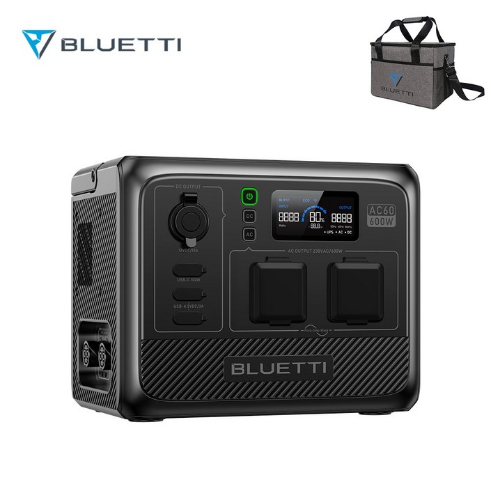 BLUETTI 블루에티 AC60 확장형 올인원 파워뱅크 600W 403Wh 휴대용 대용량배터리 고속충전 캠핑용차박용 220V인산철배터리 낚시 야외작업용 파워리프팅로 최대1200W, AC60, 단일 색상