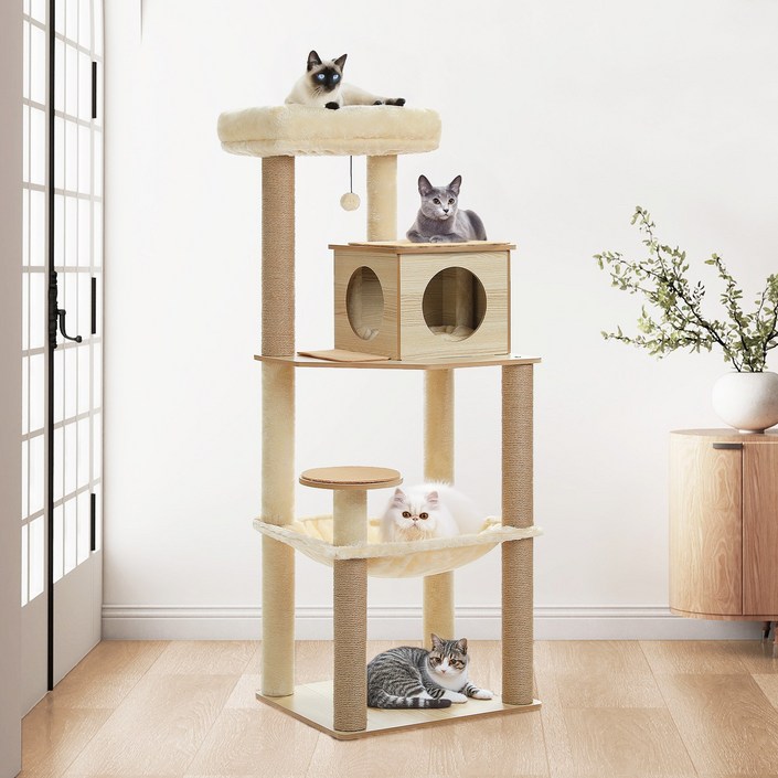 PAWZ Road 5단 튼튼한 우드 캣타워 143cm 전망대해먹스크래쳐 기둥