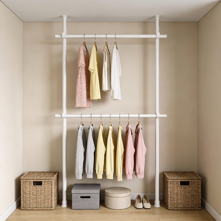기본형 2단 행거 ,고정식 옷걸이 행거, 튼튼한 굵은기둥 와이드가로봉 옷장