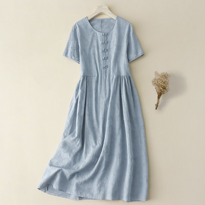 IWMAFT 여성 여름 린넨혼방 반팔 롱원피스 브이넥 버튼 자카드 패턴 루즈핏 허리라인 원피스 KT202