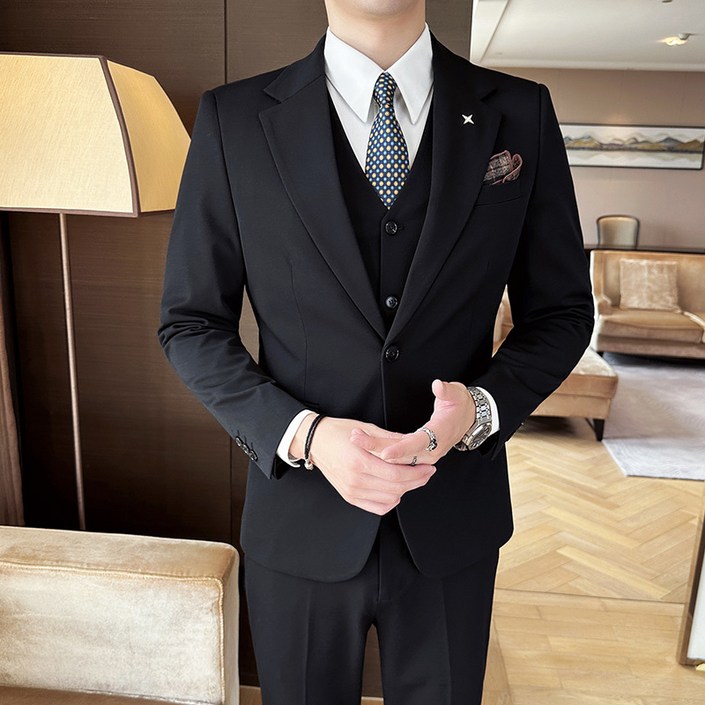 남성용 정장세트 하객룩 수트 사계절 기본 캐주얼 정장 3피스세트 코트  바지 조끼