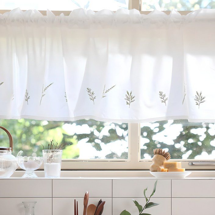 벨라이프 그린잎 자수 바란스 커튼