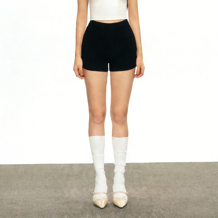 LIRICO 여성 케이블 니트 숏팬츠 밴딩 니트 반바지