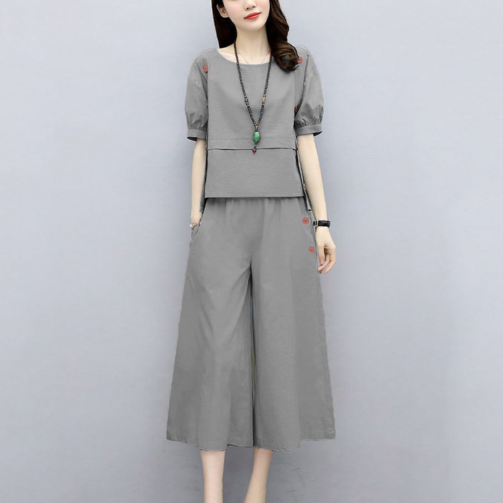 슬림소녀 여성용 캐주얼 세트 여름 라운드 반팔티 와이드 팬츠 투피스 엄마옷 상하의