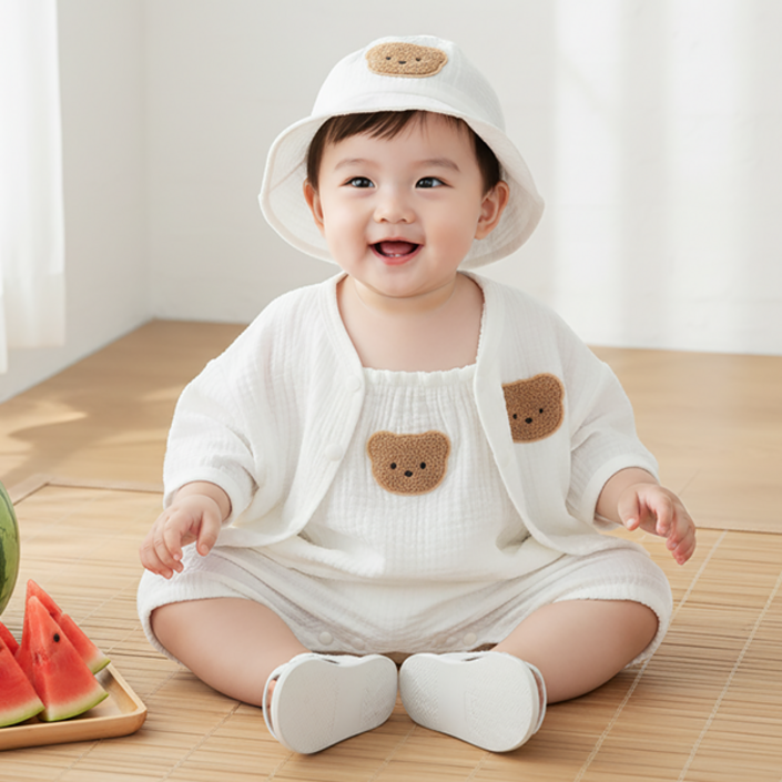 몽실이 거즈면 나시오버롤즈세트 가디건 모자 세트 귀여운 아기 여름 외출복