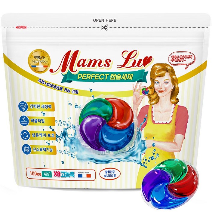 맘스럽 퍼팩트 캡슐세제 4챔버 파우치형 국산제조 8배 초고농축 4in1 대용량 실내건조, 1개, 100개입
