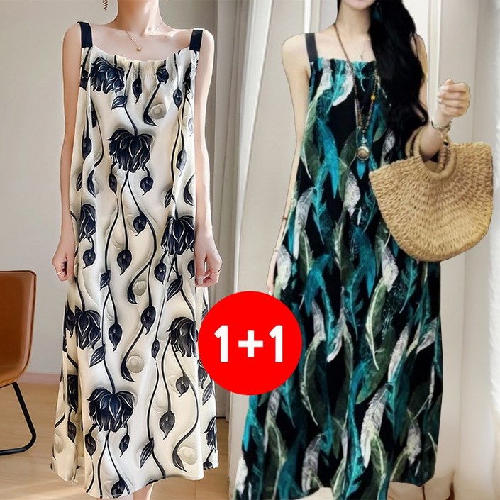 마쿠쿠 1+1 세트 곱창 밴딩 나시 민소매 프린팅 플라워 플로럴 여성 쉬폰 원피스 휴양지 바캉스