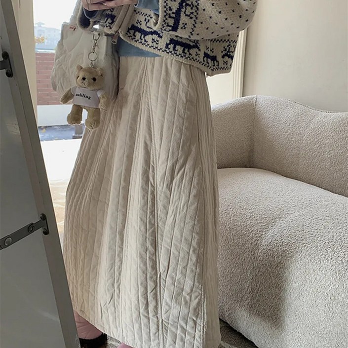 Glowhope  여성 패딩 밴딩 스커트 치마 퀼팅 겨울 A라인 미디 롱 스커트 긴 치마
