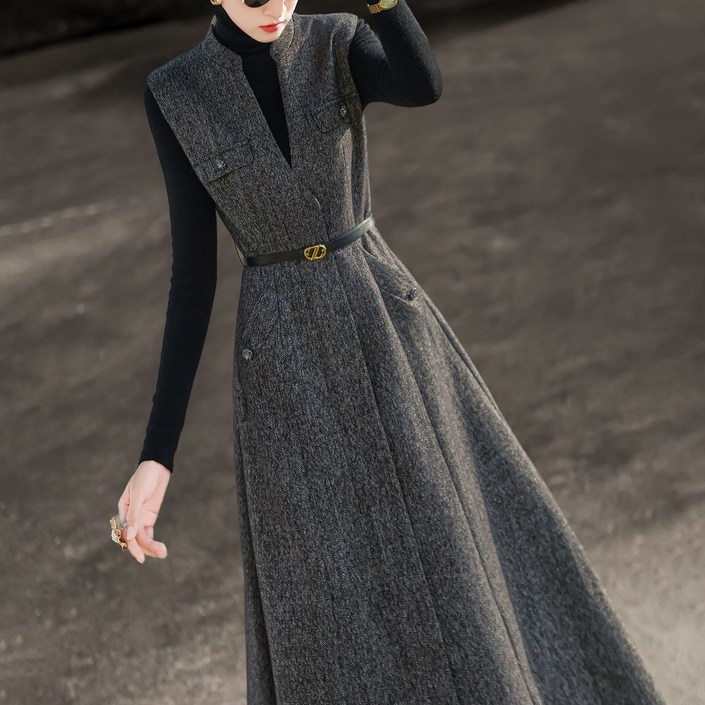 겨울 여성 모직 민소매 롱원피스 여성용 고급스러운 통근 스타일 슬리브리스 허리 조절 포켓 드레스 LCL