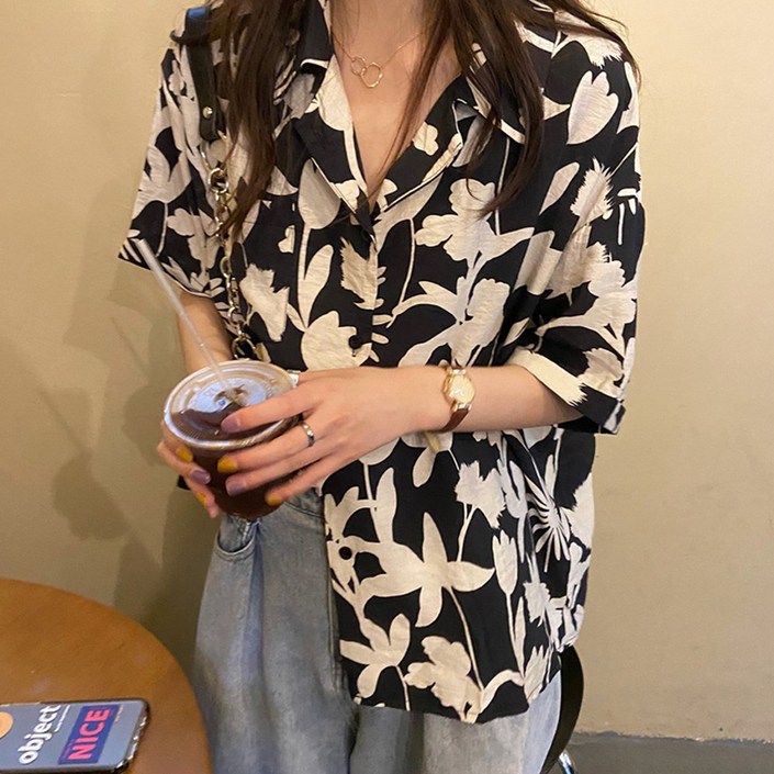 세컨핑크 팜스토리 여성용 루즈핏 반팔 셔츠