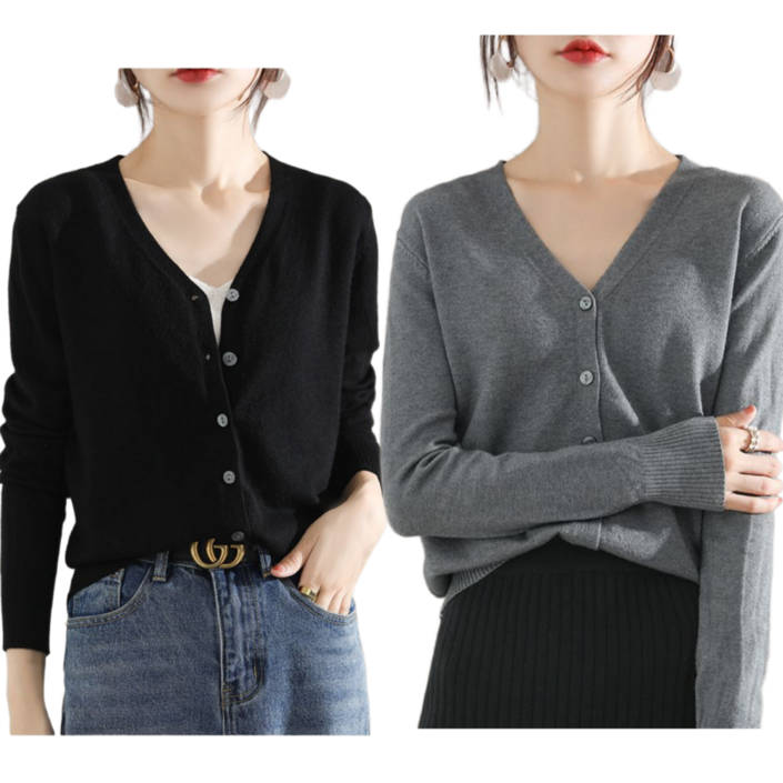 누베아 2종 여성 가을 니트 브이넥 가디건 2종 세트