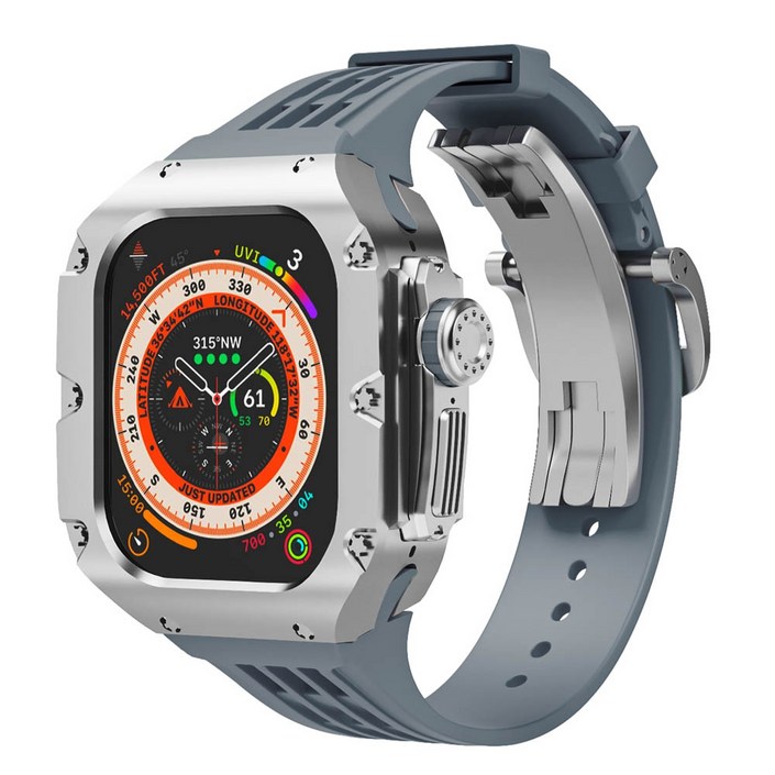 애차드밀 애플워치 호환 메탈 케이스 울트라 9 8 7 SE SE2 일체형 스트랩 명품 스테인리스 티타늄 밴드 줄질, 07.실버그레이