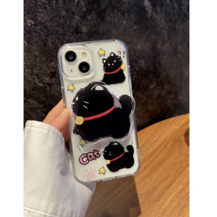 1+1세트 호환 갤럭시 S24 S23 S22 S21울트라 플러스 Z폴드5 /4/3 Z플립3/4/5 폰케이 캐릭터 힙한 블랙 노란색 고양이 마그네틱 거치대 젤리 실리콘 휴대폰 케이스