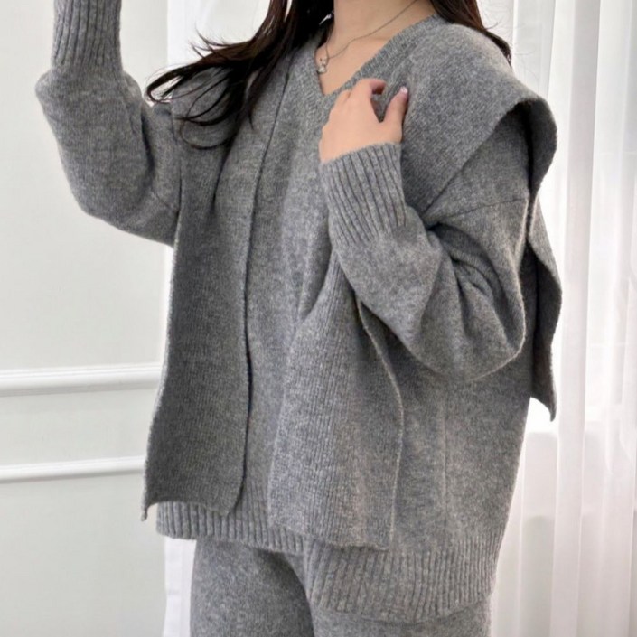 여성 니트 숄 쓰리피스 3세트 셋업 [상의+하의+숄 세트]