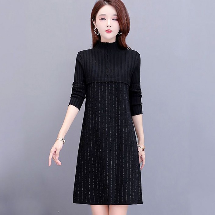 ROYALBELLE 여성 오버핏 반폴라 스트라이프 긴팔 원피스 우아히 니트 미니 원피스 Z0090412