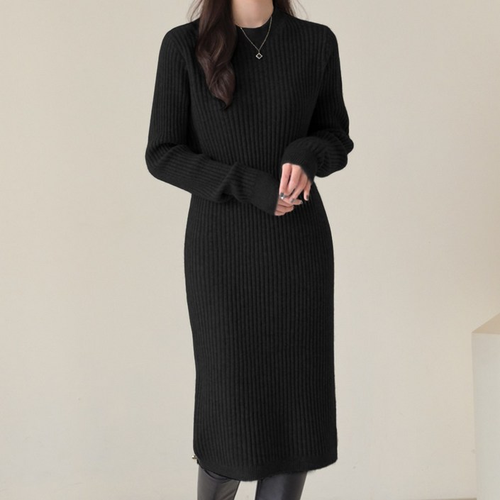 데일리앤 프레소 부드러운 라운드 골지 니트 H라인 미디 롱 원피스 겨울