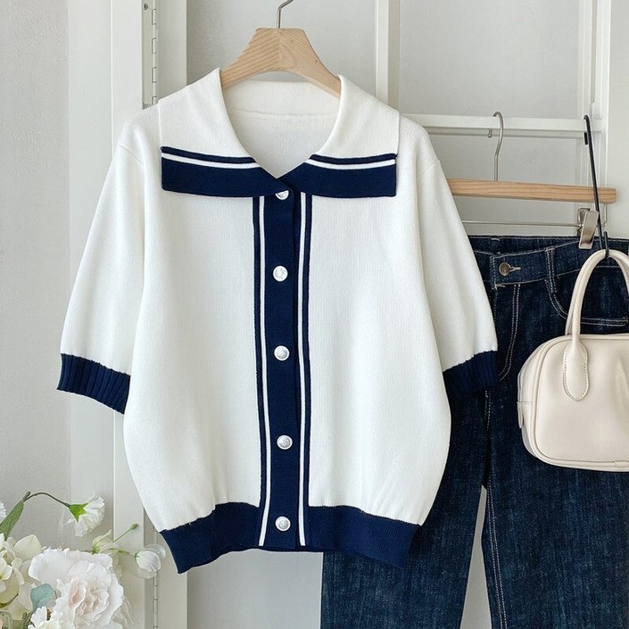 시크로즈 기본핏 여자 데일리룩 라인 배색 카라 5부 가디건