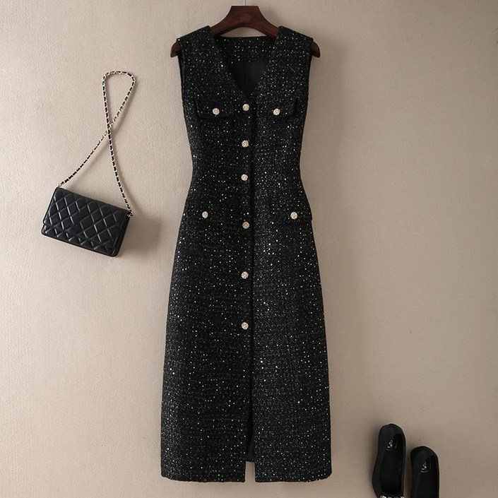 AOKADA 여성 가을 겨울 트위드 도톰 브이넥 스팽클 베스트 원피스