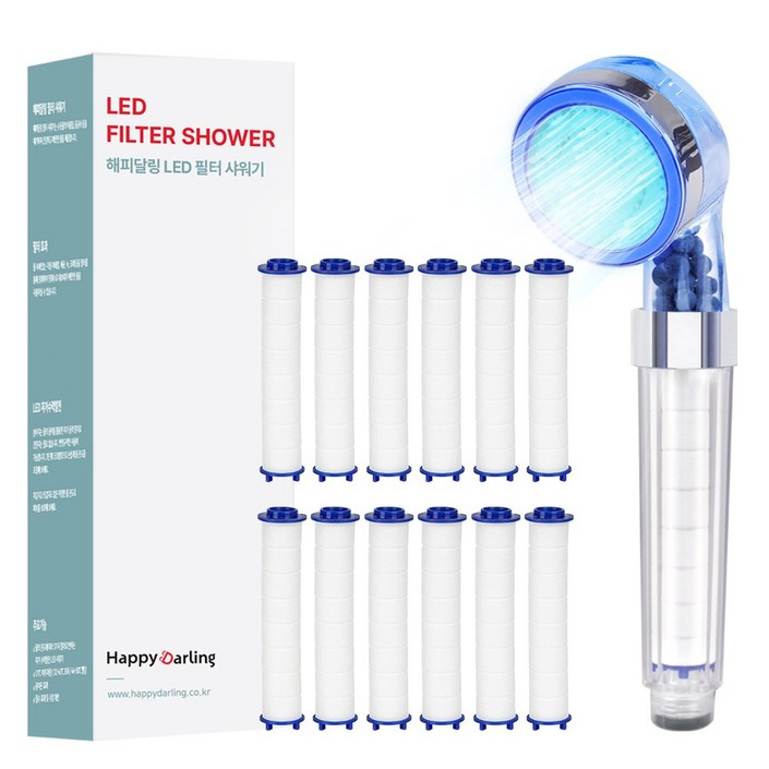 해피달링 3색 LED 필터 수압상승 샤워기 헤드 수온감지 수력발전 + 리필필터 12P 세트, 1세트