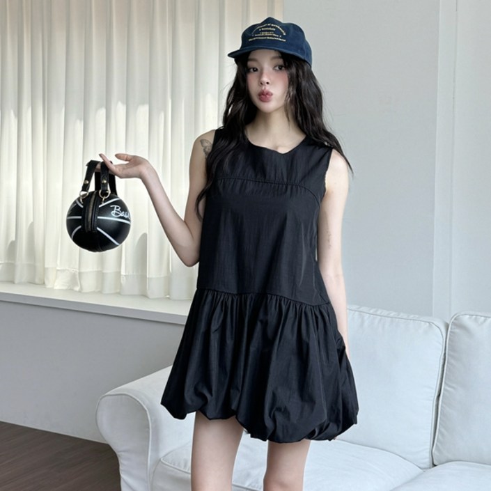 누쿠 절개셔링 펌킨 벌룬 민소매 미니 원피스