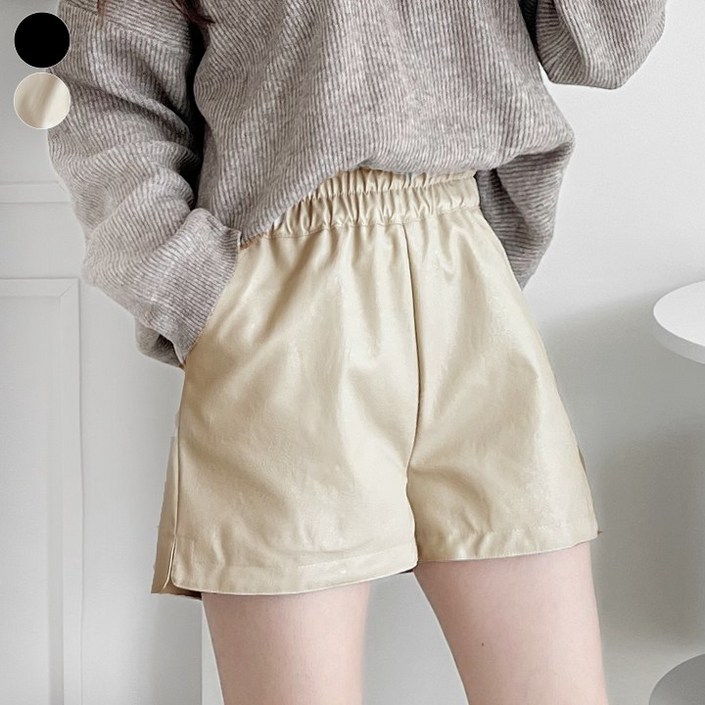 가비진 여성용 옆트임 밴딩 레자 반바지 꾸안꾸 팬츠