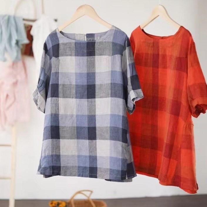 여름 셔링 루즈핏 A라인 체크 티셔츠 블라우스 4컬러