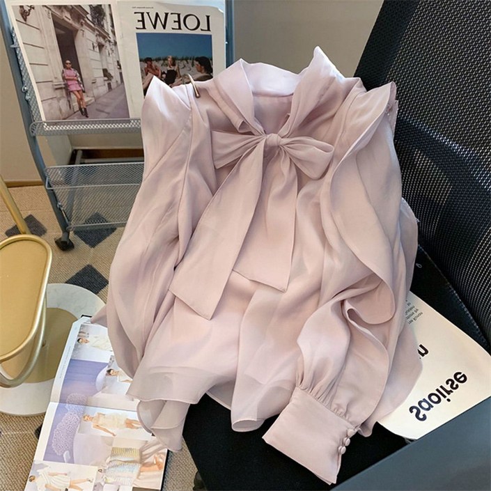 에쥬아 여성 쉬폰 긴팔 리본 블라우스 오피스록 새틴 남방