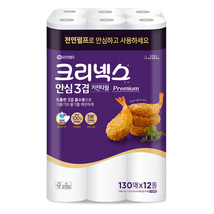 크리넥스 안심 3겹 천연펄프 키친타올, 12롤, 1개