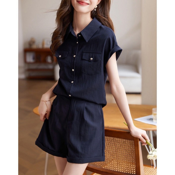 NY STYLE 여성 봄 여름 가을 캐주얼 카라넥 반팔 패션 와이드 반바지 루즈핏 세트 F0029