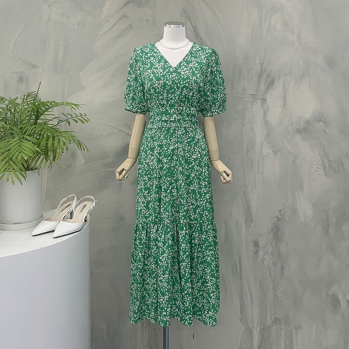 행복여 별꽃 플라워 브이넥 뒷밴딩 티어드 롱 원피스