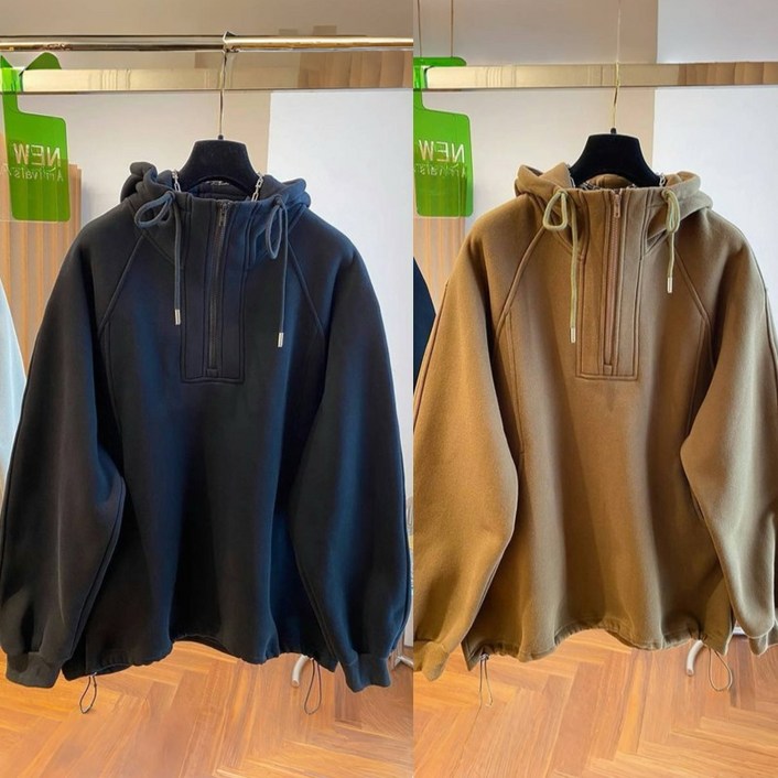 빅사이즈 여성 이어붙이다 기모 스트링 루즈핏 통기성 후드집업 겨울 편한 시보리 보온과 패션을 겸비 통기성 캐주얼 박스 나른한 순색  심플 날씬해보이는 코디하기 좋은 상의 풀오버