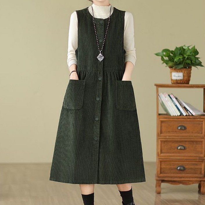 여성용 롱 조끼 원피스 편안한  포켓 겨울 가을 데일리 캐주얼원피스