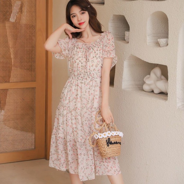 옌츠 플라워 쉬폰 원피스 여자 여름 허리 하프 원피스 JNN514