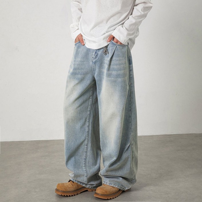 유루 남성용 배기 와이드 청바지 사이드 주름 빈티지 워싱 데님  ON2624