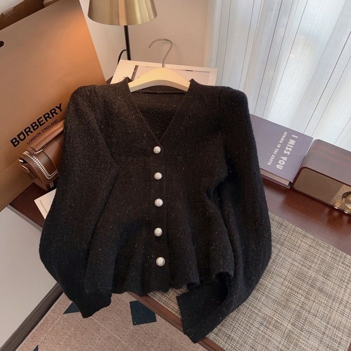 COSYEVNO 여성 가디건 가을 브이넥 빈티지 엘레강스 시크 루즈핏 캐주얼 프릴 진주 버튼 상의 CXJzzs44