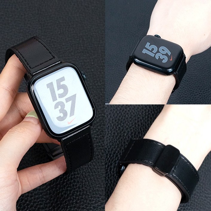 애플워치 호환 실리콘 가죽 스트랩 밴드 시계줄 11 10 9 8 7 SE 2 3 울트라2/3, 블랙