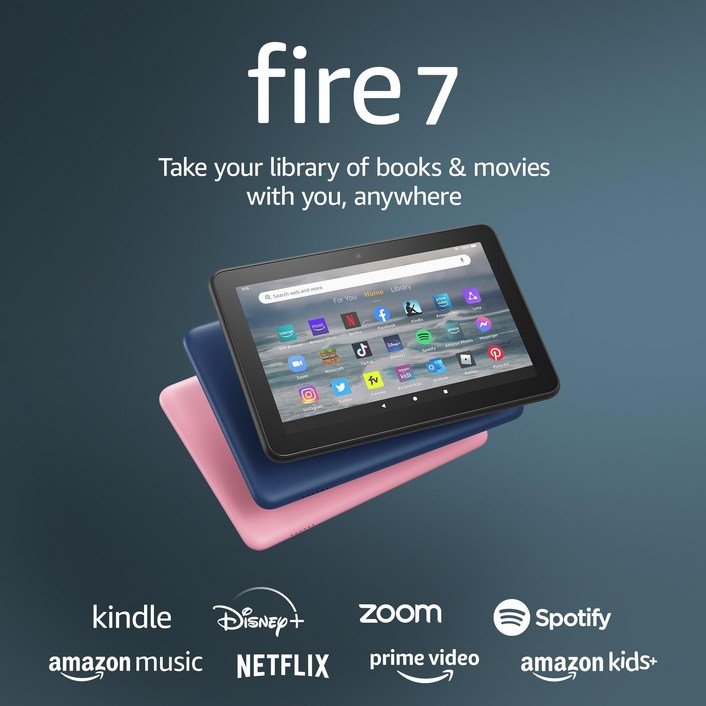 Amazon Fire 7 태블릿(최신 모델) 7인치 디스플레이, 읽기 및 보기, 60달러 미만, 배터리 수명 10시간, 16GB, 데님