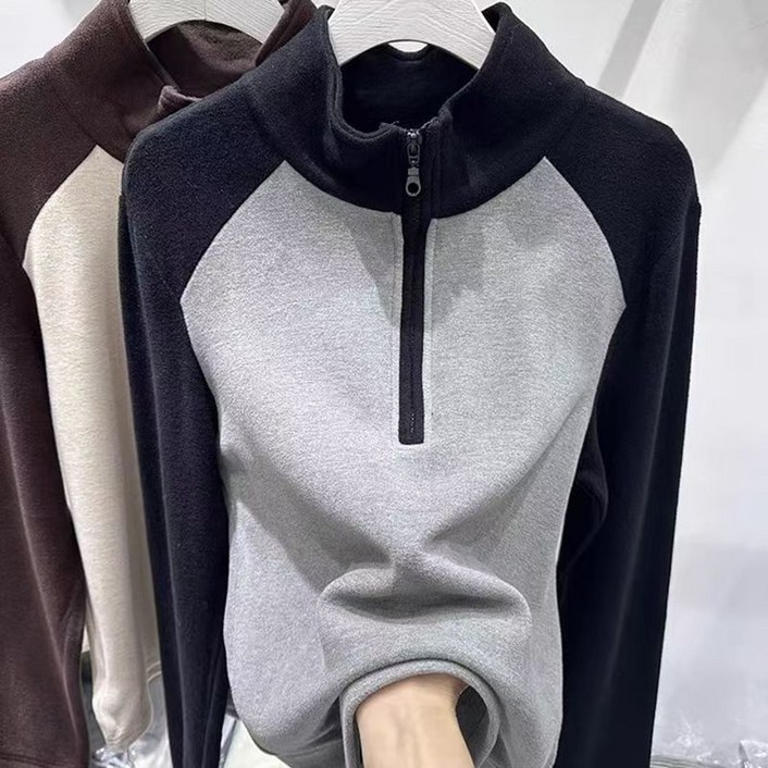 가을겨울 두꺼운 반집업 긴팔 티셔츠 차이나 칼라 이너티 도톰기모 배색 집업 맨투맨