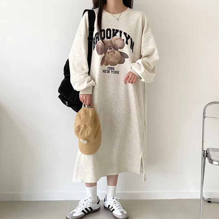 제이무드 빅사이즈 6699사이즈 가을 오버핏 긴팔 롱 원피스 맨투맨 티셔츠 여성 기모