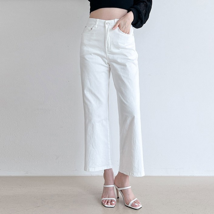 루나진 여성용 편한스판 와이드핏 화이트 데님 여름 팬츠