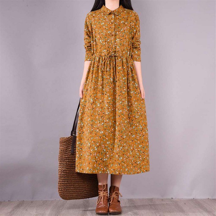 MOSAIRATION 봄가을 루즈핏 빅사이즈 조임벨트 잔꽃무늬 프린트 중년여성 긴팔 원피스 D16